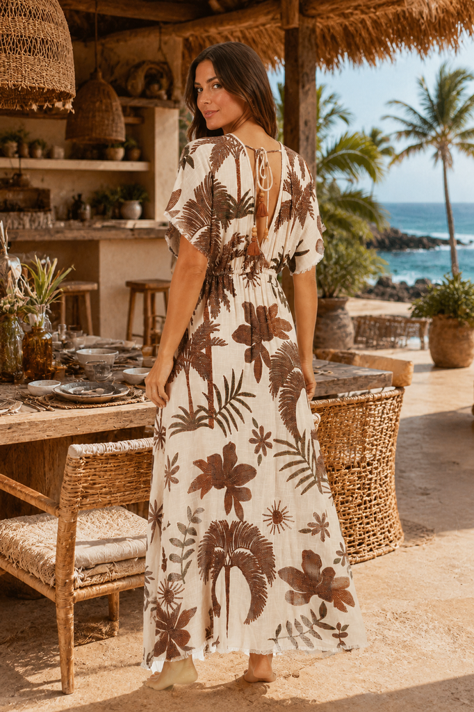 Wholesale Chocolate Palm-Print Kimono-Sleeve Tie-Waist Maxi Kaftan Dress