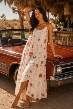 Wholesale Terracotta Folk-Print Tiered Spaghetti-Strap Maxi Resort Dress