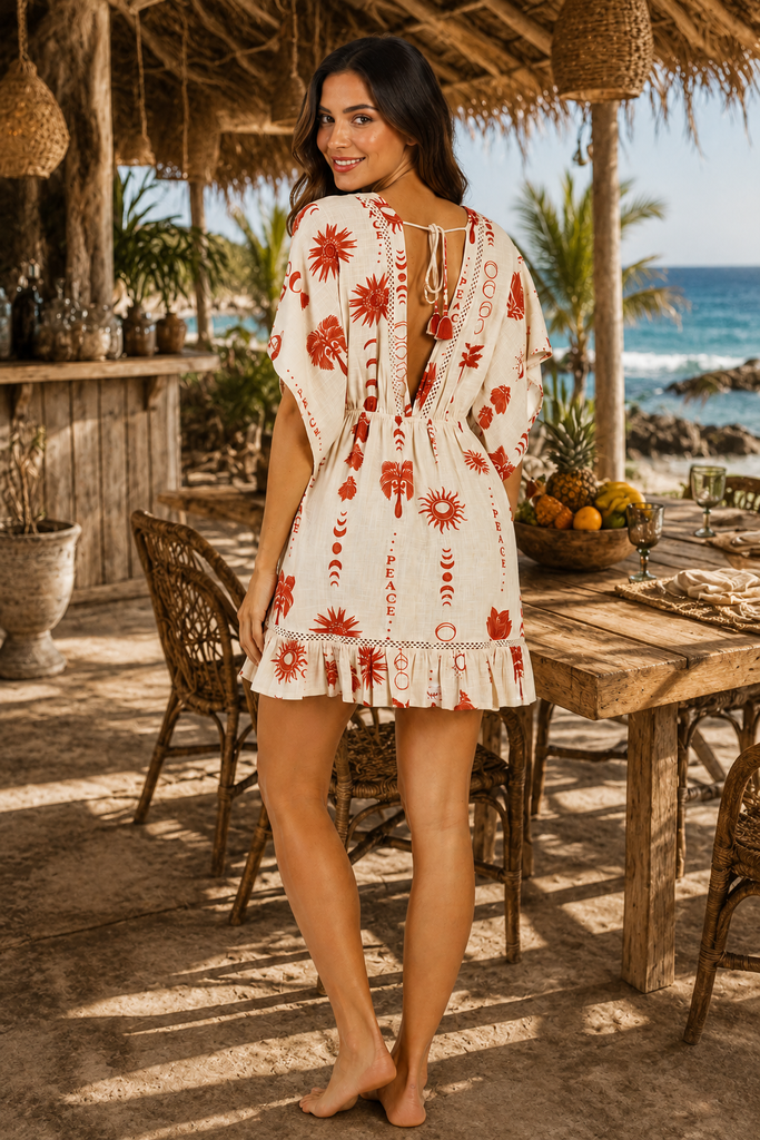 Wholesale Terracotta Folk-Print Kimono-Sleeve Mini Resort Dress | La Moda Clothing Wholesale Terracotta Folk-Print Kimono-Sleeve Mini Resort Dress | La Moda Clothing