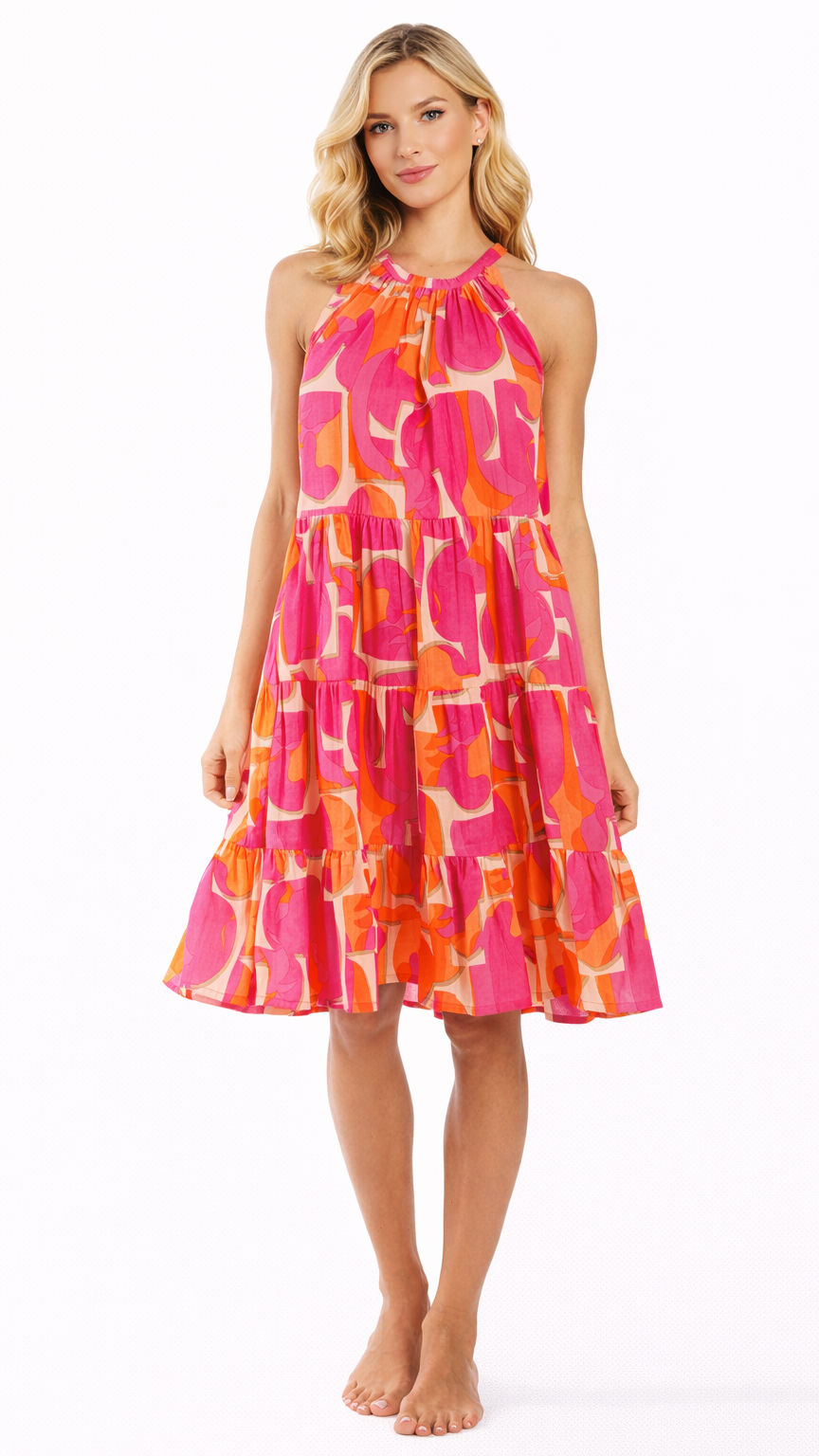 Pink Orange Halter Mini Dress Wholesale | Resort Wear Tiered Summer Dress  La Moda Clothing