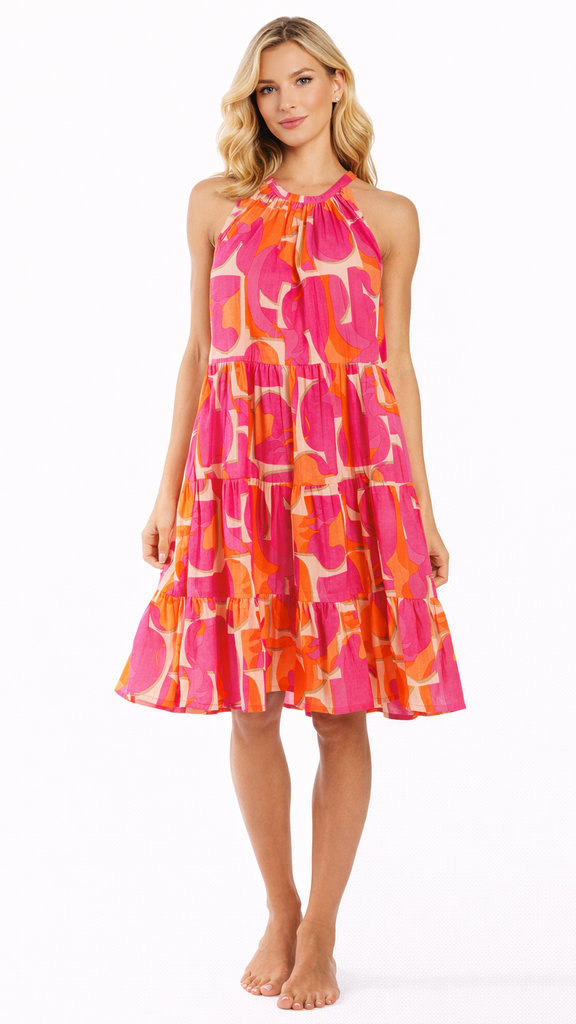 Pink Orange Halter Mini Dress Wholesale | Resort Wear Tiered Summer Dress  La Moda Clothing