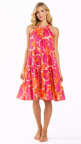 Pink Orange Halter Mini Dress Wholesale | Resort Wear Tiered Summer Dress  La Moda Clothing