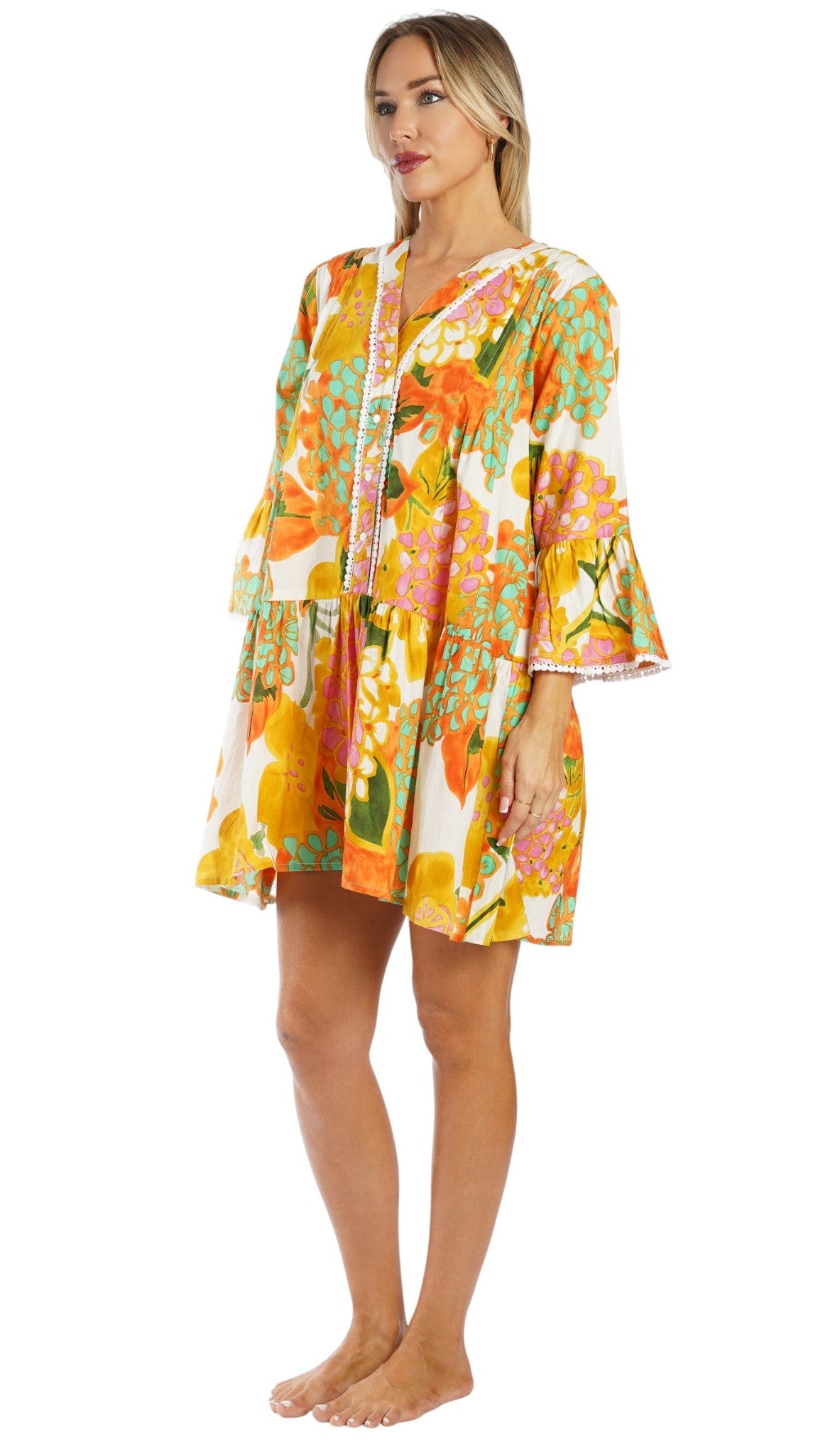 Yellow Floral Mini Dress – Luxury Resort Wear Vacation Dress  La Moda Clothing