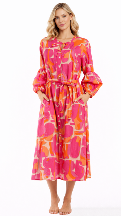 Pink Orange Printed Midi Dress Wholesale | Resort Wear Shirt Dress for Boutiques  La Moda Clothing