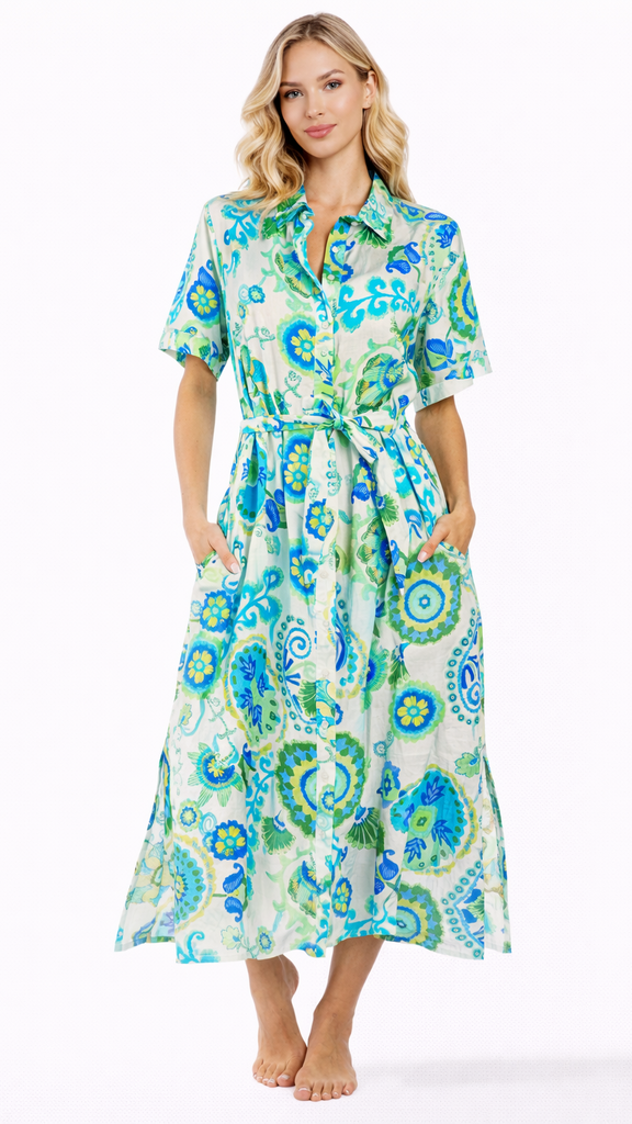 Blue Green Tropical Shirt Dress – Resort Wear Vacation Midi Dress  La Moda Clothing