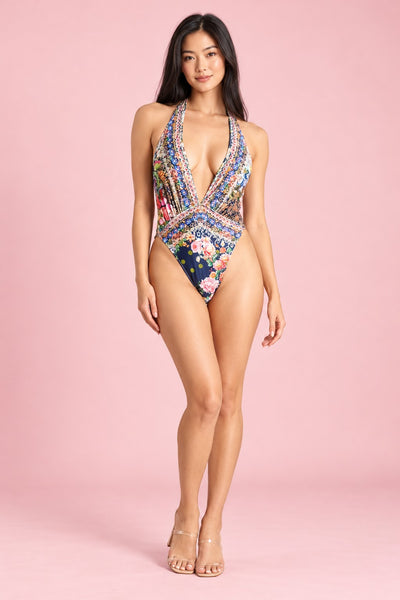 Navy rose floral and paisley print plunge halter one-piece swimsuit, front view - wholesale swimsuit for boutiques