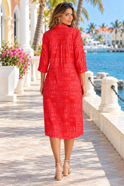 La Moda Clothing red midi shirt dress, back view showing yoke gathers and roll-tab sleeves