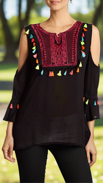 Black Embroidered Cold Shoulder Beach Top with Colorful Tassels  Wholesale La Moda Clothing