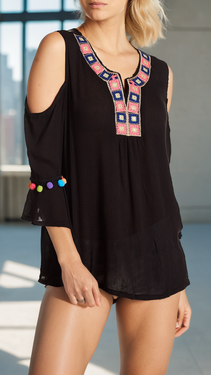 Black Embroidered Cold Shoulder Beach Top with Colorful Pompoms  Wholesale La Moda Clothing