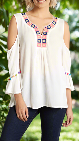 Black Embroidered Cold Shoulder Beach Top with Colorful Pompoms  La Moda Clothing