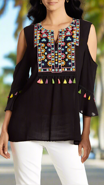 Embroidered Cold Shoulder Top with Colorful Tassels  Wholesale La Moda Clothing