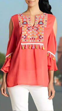 Embroidered Cold Shoulder Top with Colorful Tassels  Wholesale La Moda Clothing