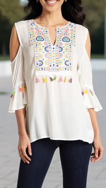 Embroidered Cold Shoulder Top with Colorful Tassels  Wholesale La Moda Clothing