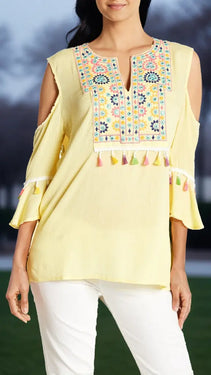 Embroidered Cold Shoulder Top with Colorful Tassels  Wholesale La Moda Clothing