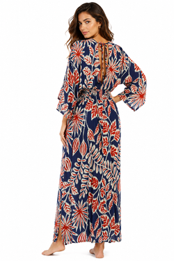 Wholesale Navy Folk-Print V-Neck Kimono-Sleeve Long Maxi Caftan Dress – B2B