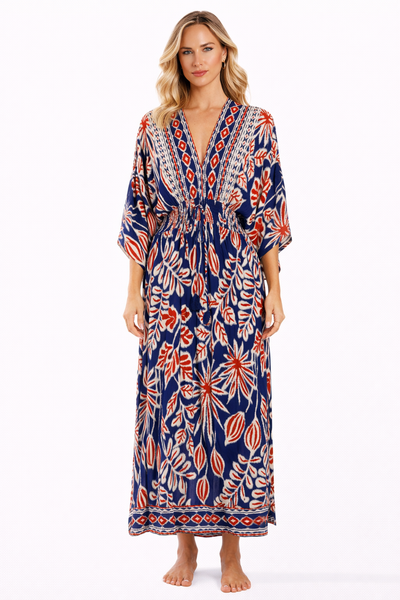 Wholesale Navy Folk-Print V-Neck Kimono-Sleeve Long Maxi Caftan Dress – B2B