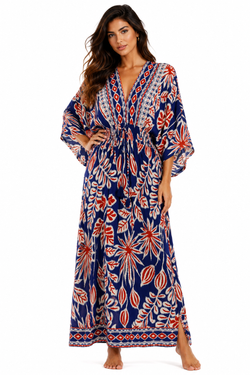 Wholesale Navy Folk-Print V-Neck Kimono-Sleeve Long Maxi Caftan Dress – B2B