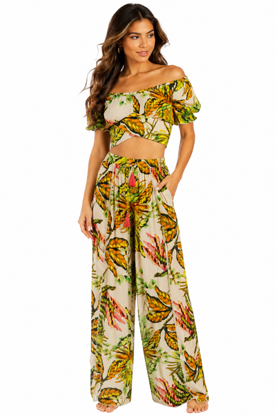 Wholesale Green Jungle-Leaf Print Off-Shoulder Crop Top & Wide-Leg Pants Resort Set