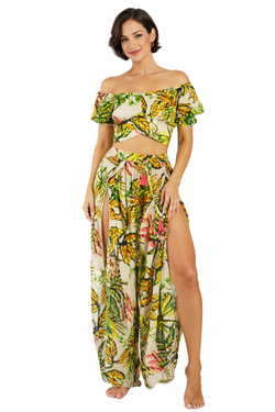 Wholesale Green Jungle-Leaf Print Off-Shoulder Crop Top & Wide-Leg Pants Resort Set
