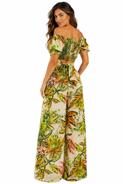 Wholesale Green Jungle-Leaf Print Off-Shoulder Crop Top & Wide-Leg Pants Resort Set