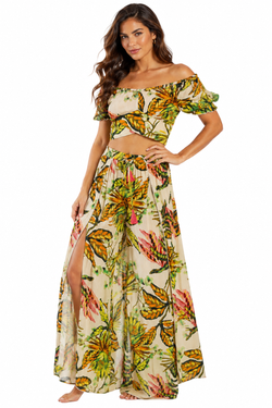 Wholesale Green Jungle-Leaf Print Off-Shoulder Crop Top & Wide-Leg Pants Resort Set