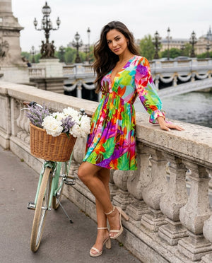 Wholesale Multicolor Tropical Bell-Sleeve Tie-Waist Mini Dress – B2B Wholesale