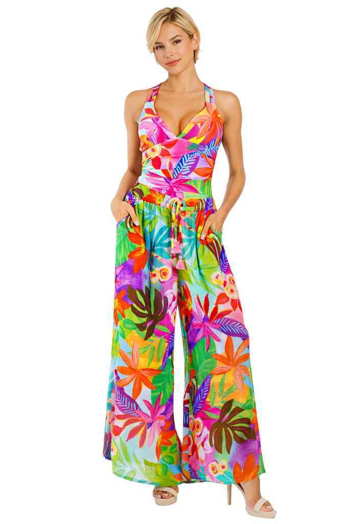 Wholesale Multicolor Tropical Palm-Print V-Neck Wide-Leg Cover Up Pant – B2B Resort