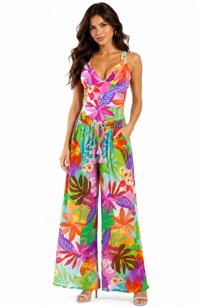 Wholesale Multicolor Tropical Palm-Print V-Neck Wide-Leg Cover Up Pant – B2B Resort