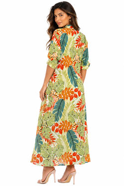Wholesale Green Tropical Leaf-Print Button-Front Maxi Shirt Dress – B2B