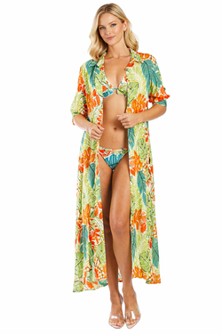 Wholesale Green Tropical Leaf-Print Button-Front Maxi Shirt Dress – B2B