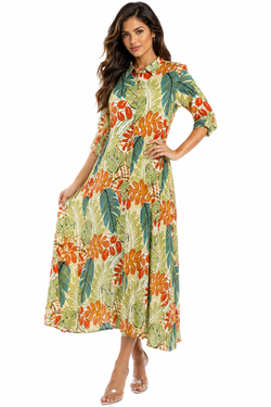 Wholesale Green Tropical Leaf-Print Button-Front Maxi Shirt Dress – B2B