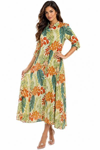 Wholesale Green Tropical Leaf-Print Button-Front Maxi Shirt Dress – B2B