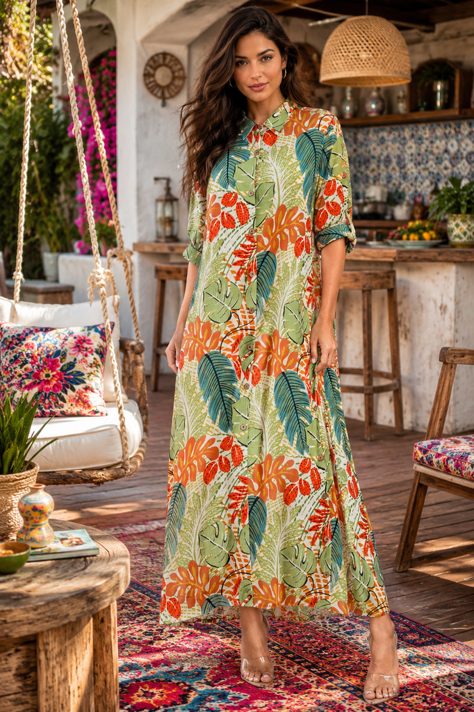 Wholesale Green Tropical Leaf-Print Button-Front Maxi Shirt Dress – B2B