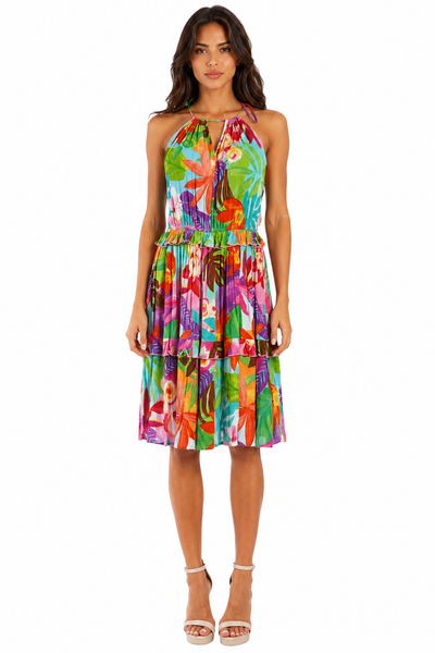 Wholesale Multicolor Tropical Floral Halter Tiered Mini Dress – B2B Wholesale