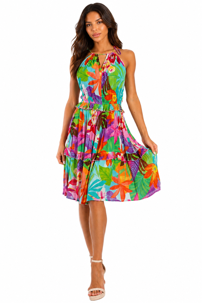 Wholesale Multicolor Tropical Floral Halter Tiered Mini Dress – B2B Wholesale