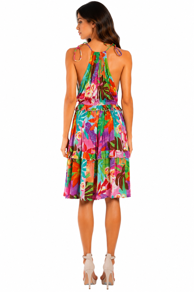 Wholesale Multicolor Tropical Floral Halter Tiered Mini Dress – B2B Wholesale