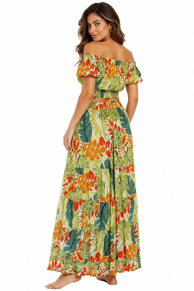 Wholesale Green Tropical Off-Shoulder Crop Top & High-Slit Maxi Skirt Set – B2B