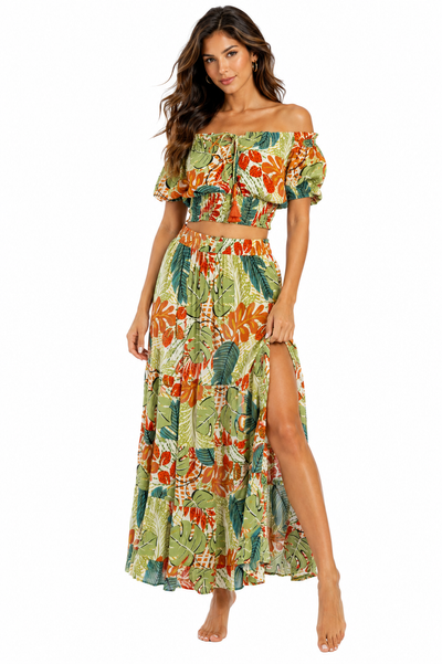 Wholesale Green Tropical Off-Shoulder Crop Top & High-Slit Maxi Skirt Set – B2B