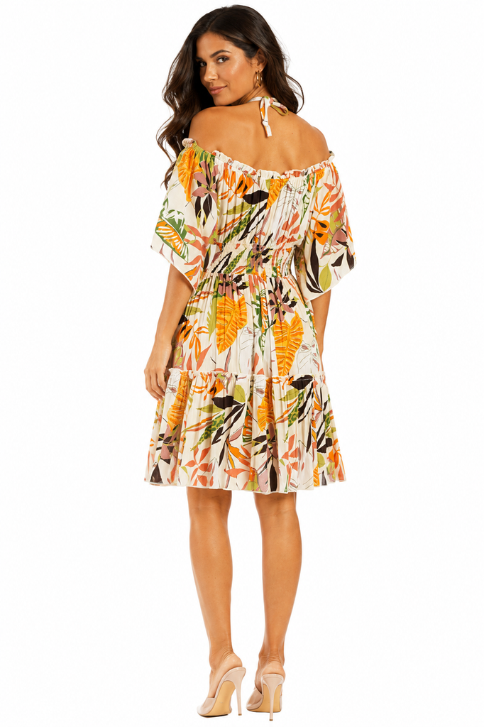 Wholesale Autumn Tropical Print Off-Shoulder Smocked Tiered Mini Dress – B2B