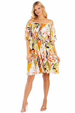 Wholesale Autumn Tropical Print Off-Shoulder Smocked Tiered Mini Dress – B2B