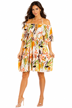 Wholesale Autumn Tropical Print Off-Shoulder Smocked Tiered Mini Dress – B2B