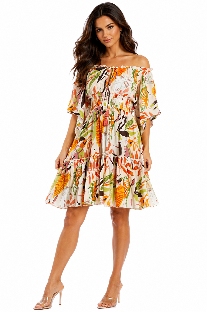 smocked dress off shoulder Wholesale Autumn Tropical Print Off-Shoulder Smocked Tiered Mini Dress –  B2B