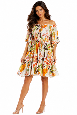 Wholesale Autumn Tropical Print Off-Shoulder Smocked Tiered Mini Dress – B2B