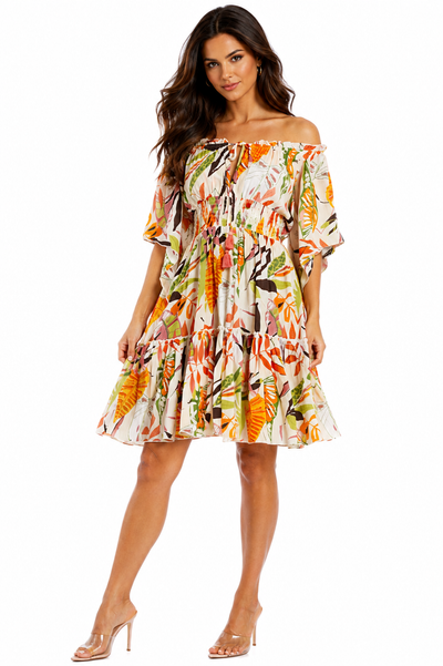Wholesale Autumn Tropical Print Off-Shoulder Smocked Tiered Mini Dress – B2B