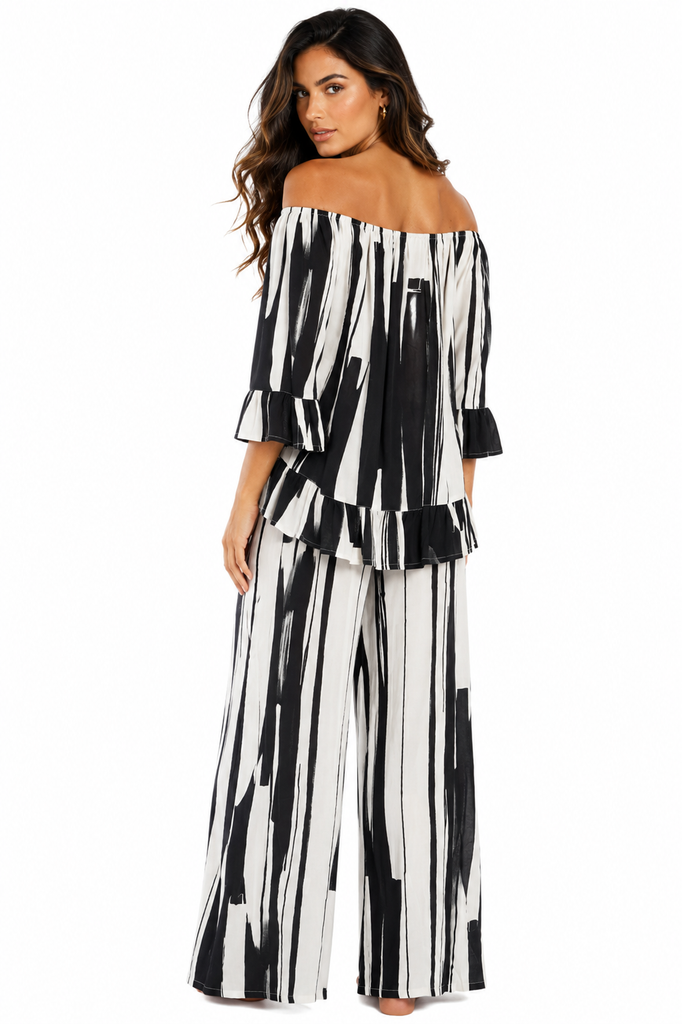 Wholesale Black & White Brushstroke Off-Shoulder Crop Top & Wide-Leg Pant Resort Set – B2B