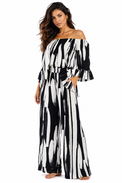 Wholesale Black & White Brushstroke Off-Shoulder Crop Top & Wide-Leg Pant Resort Set – B2B