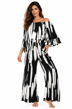 Wholesale Black & White Brushstroke Off-Shoulder Crop Top & Wide-Leg Pant Resort Set – B2B