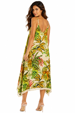 Wholesale Green Tropical Palm-Print Spaghetti-Strap Handkerchief-Hem Midi Dress