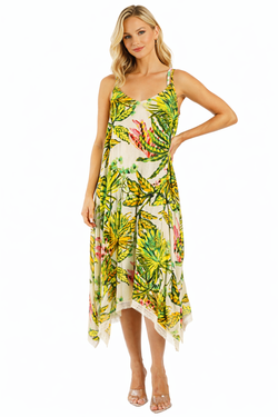 Wholesale Green Tropical Palm-Print Spaghetti-Strap Handkerchief-Hem Midi Dress