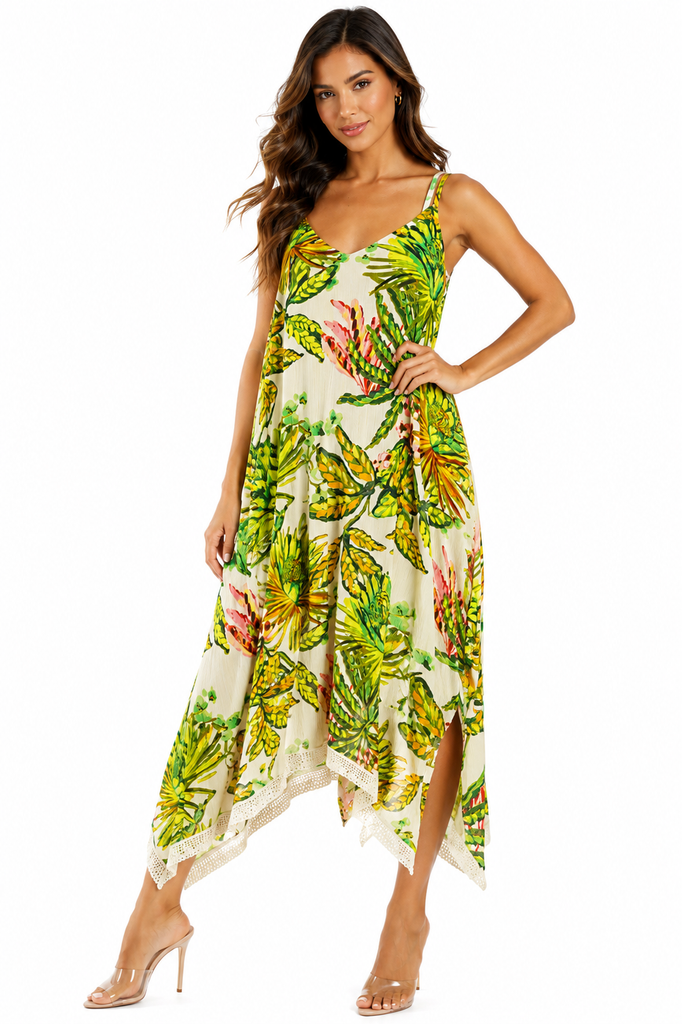 Wholesale Green Tropical Palm-Print Spaghetti-Strap Handkerchief-Hem Midi Dress